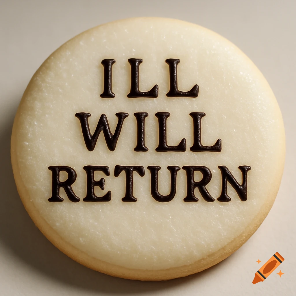 A close-up shot of a round white sugar cookie with the words "ILL WILL RETURN" written in dark brown capital letters on its surface.