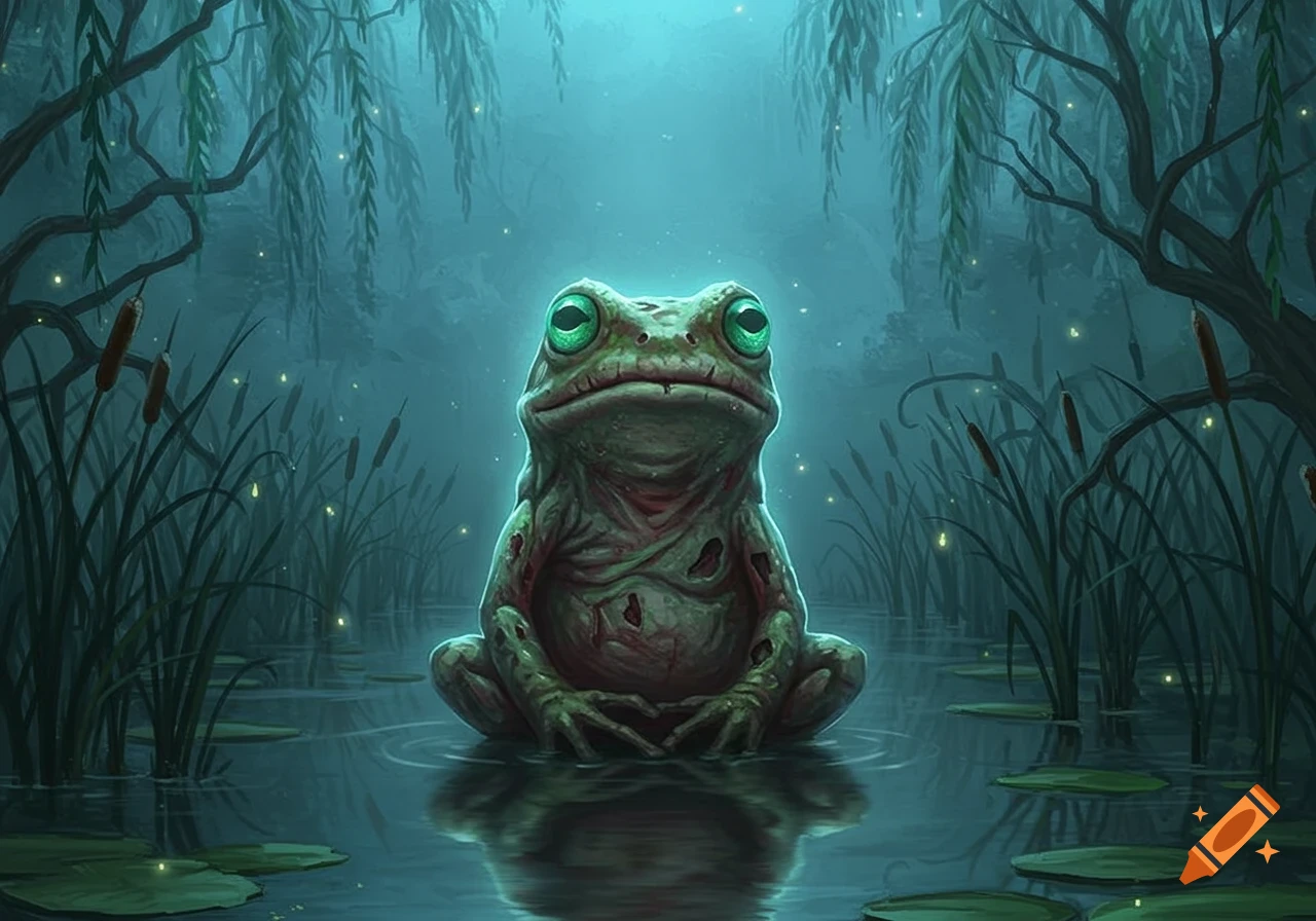 A zombie frog with glowing green eyes sits in a dark, misty swamp at night, surrounded by cattails, willow trees, and glowing fireflies, in a dark fantasy illustration style.