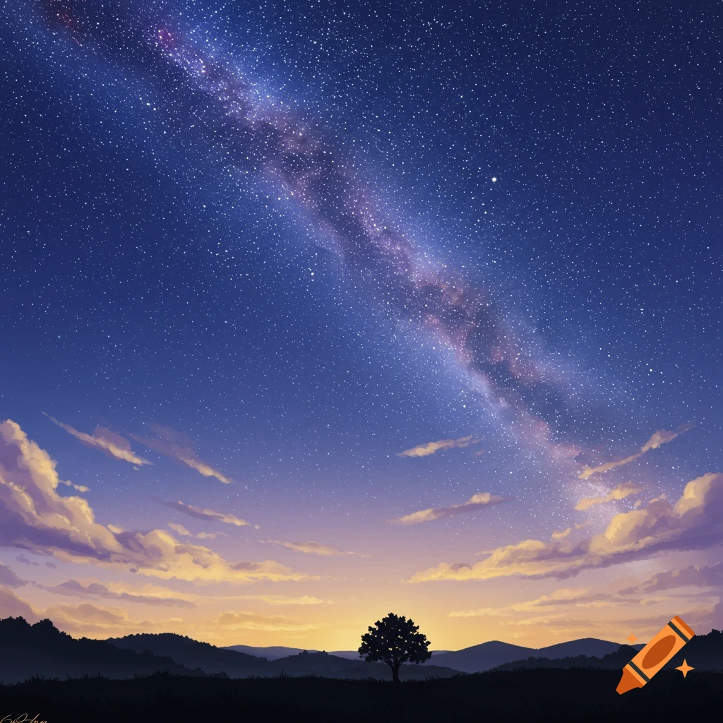 A vibrant starry night sky with the Milky Way streaking across, above a silhouetted landscape with a lone tree and distant mountains at dusk, in an illustration style.