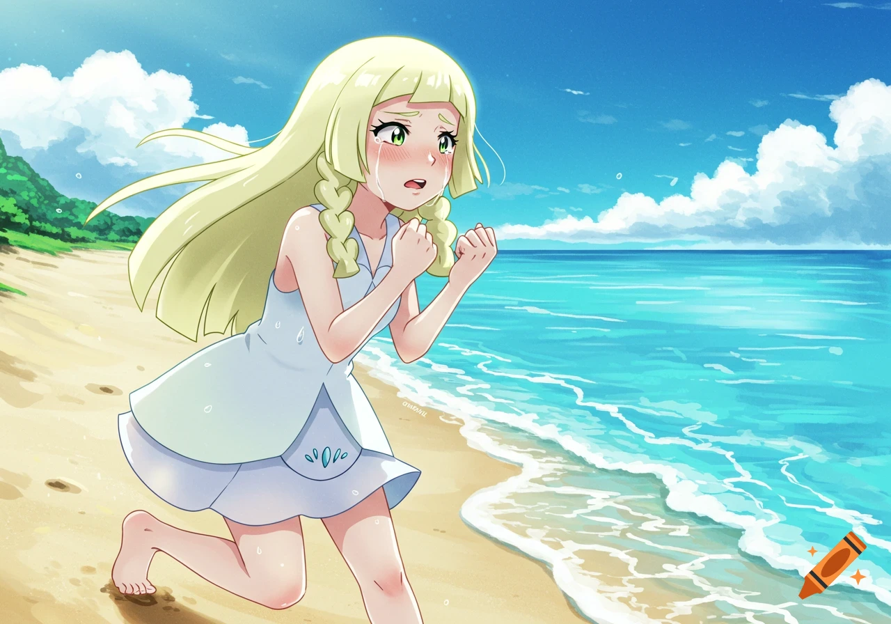 Anime character Lillie from Pokémon crying on a sunny beach, with ocean waves and green hills in the background.