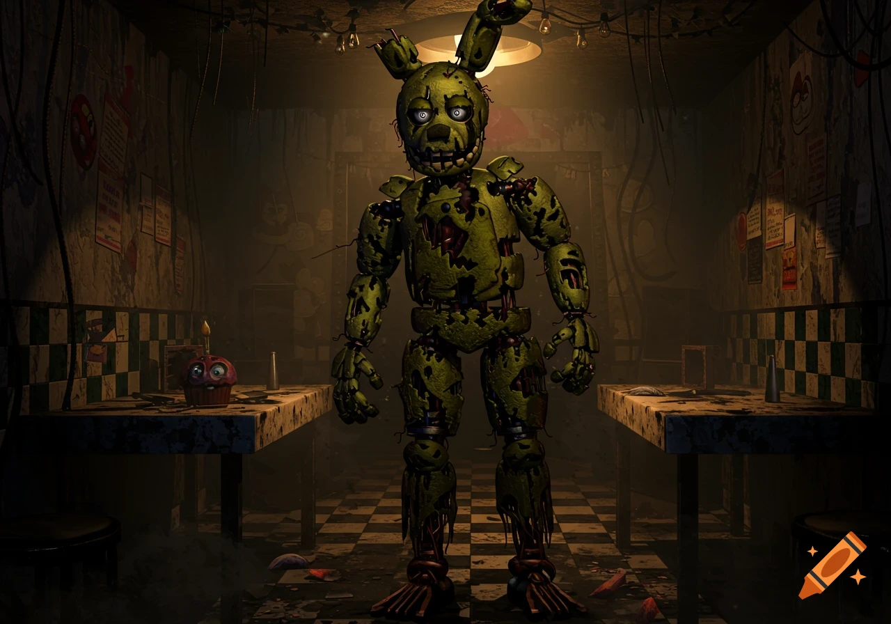 A dilapidated green animatronic rabbit, Springtrap, stands in a dark, grimy room with a checkered floor and a cupcake on a table.