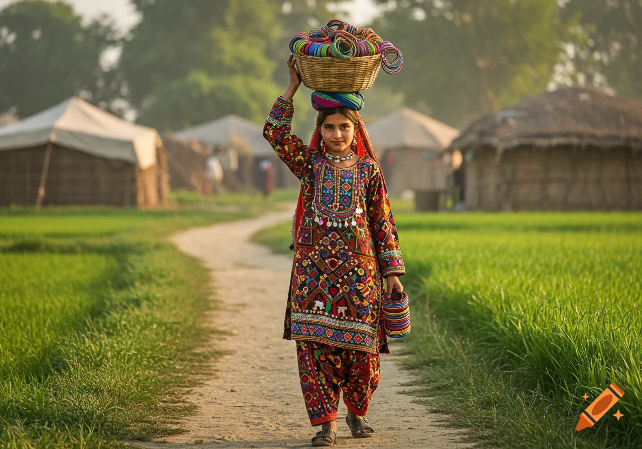 A young girl in a colorful traditional dress walks on a dirt road, balancing a basket of bangles on her head.