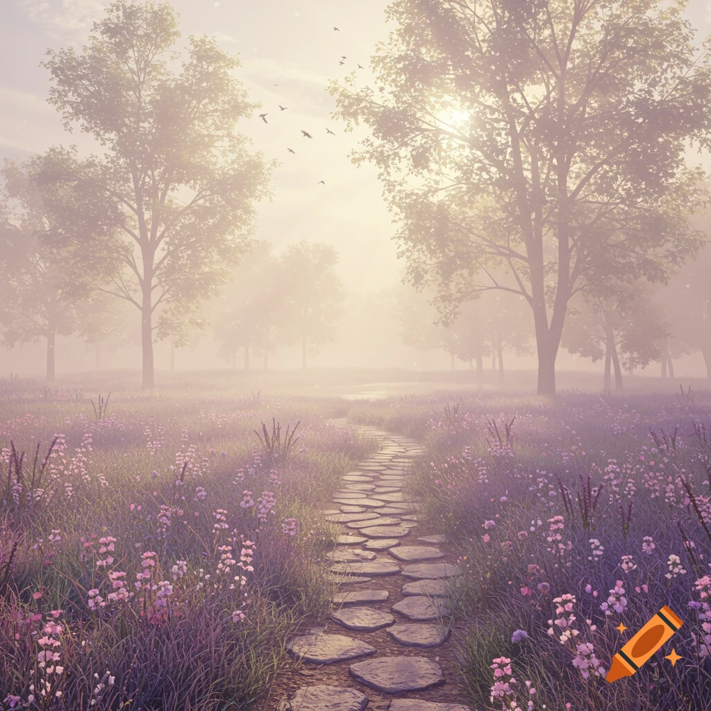 A dreamlike hazy landscape with a stone path winding through a field of purple wildflowers under large trees and a misty sky with birds.
