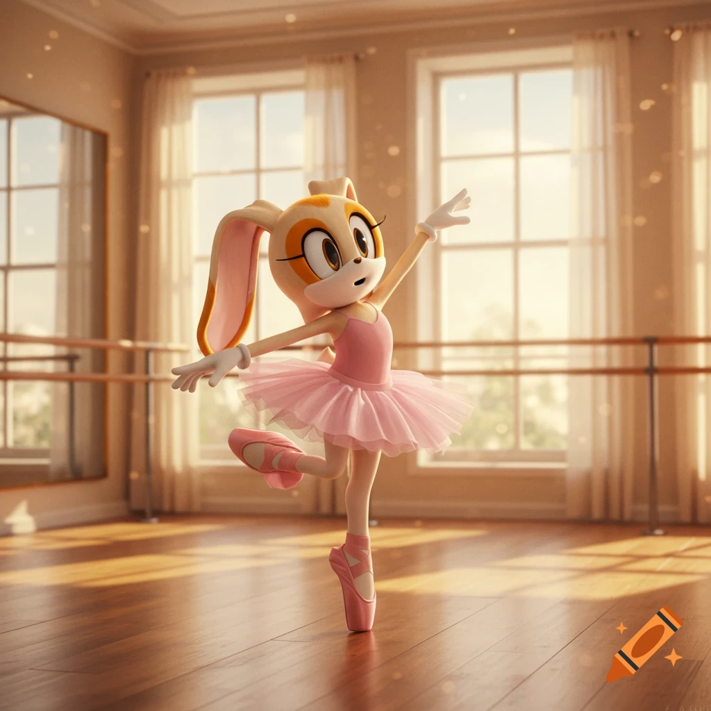 Cream the Rabbit, a cartoon bunny, in a pink tutu performing ballet in a sunny studio.
