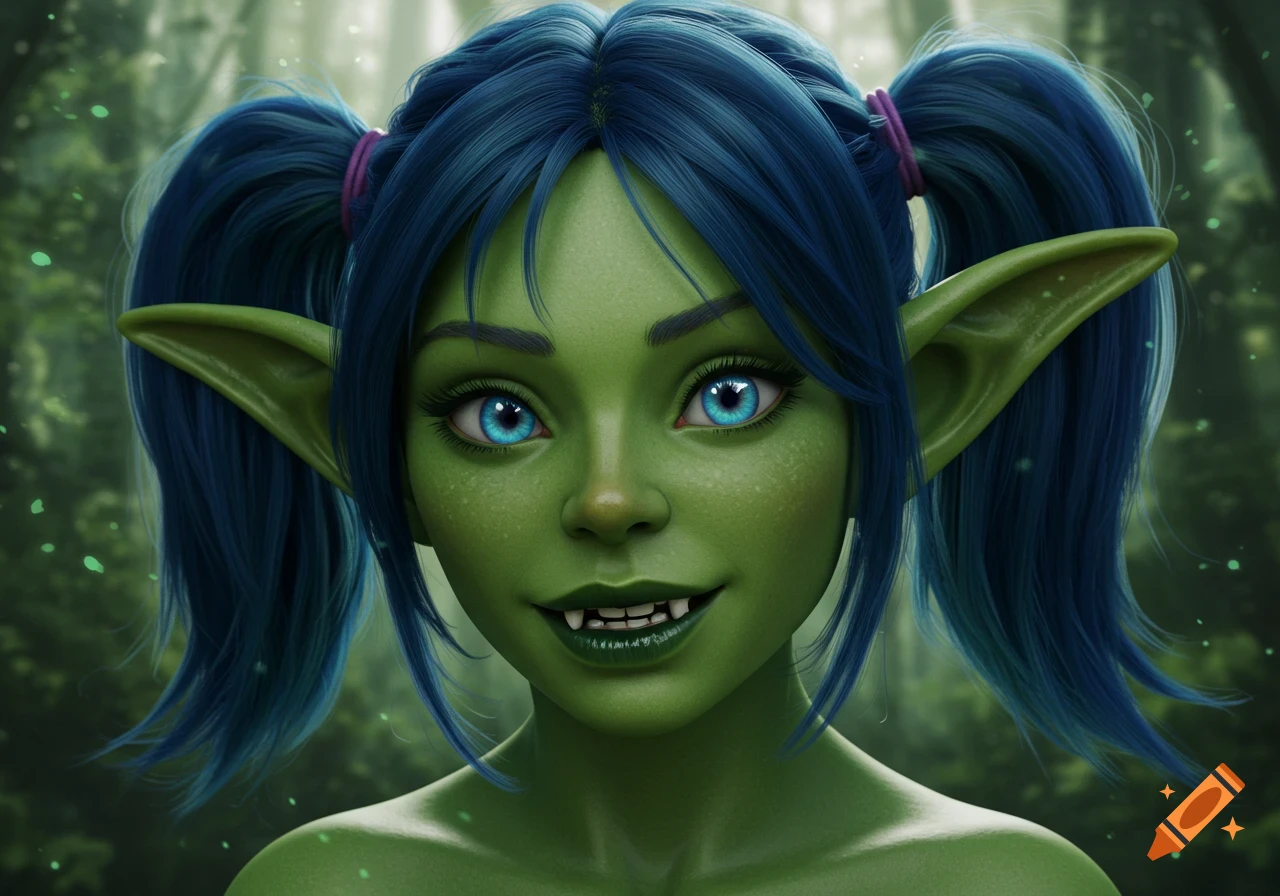 A photorealistic portrait of a green-skinned female goblin with blue pigtails, vibrant blue eyes, and teeth sticking out, set against a forest background.