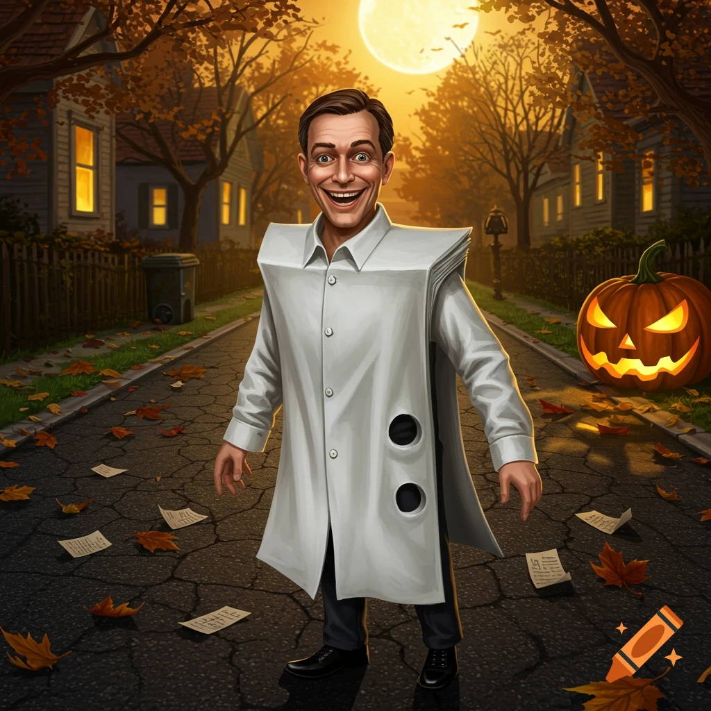 An illustrative image of a smiling man in a white paper-like Halloween costume with three holes, standing on an autumn street with a glowing jack-o'-lantern and fallen leaves.