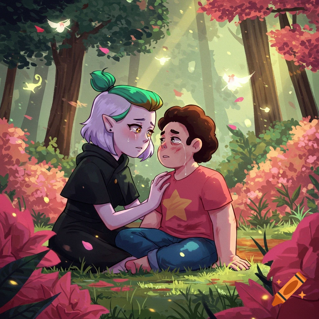 Amity Blight comforts a crying Steven Universe in a magical forest with glowing plants and fairies, with sunlight filtering through trees.