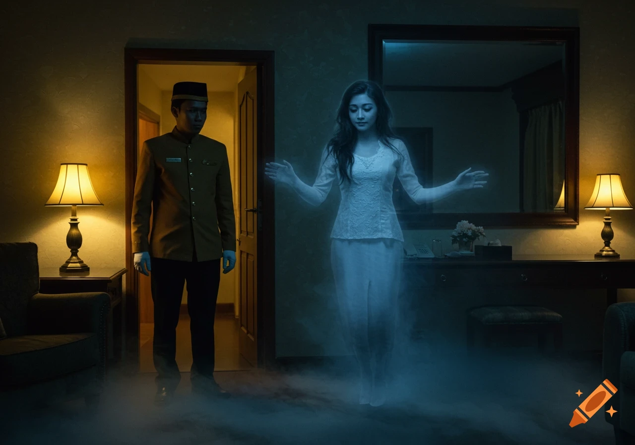 A nervous bellboy stands in a hotel doorway, looking at a translucent female ghost with open arms and a soft smile in a dimly lit room with mist on the floor.
