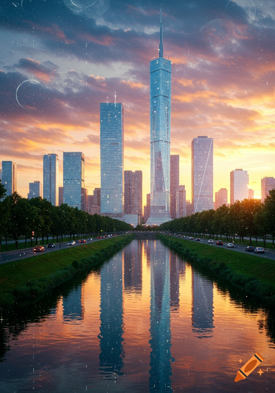 Photorealistic cityscape at sunset with towering skyscrapers reflected in a river, flanked by tree-lined roads.