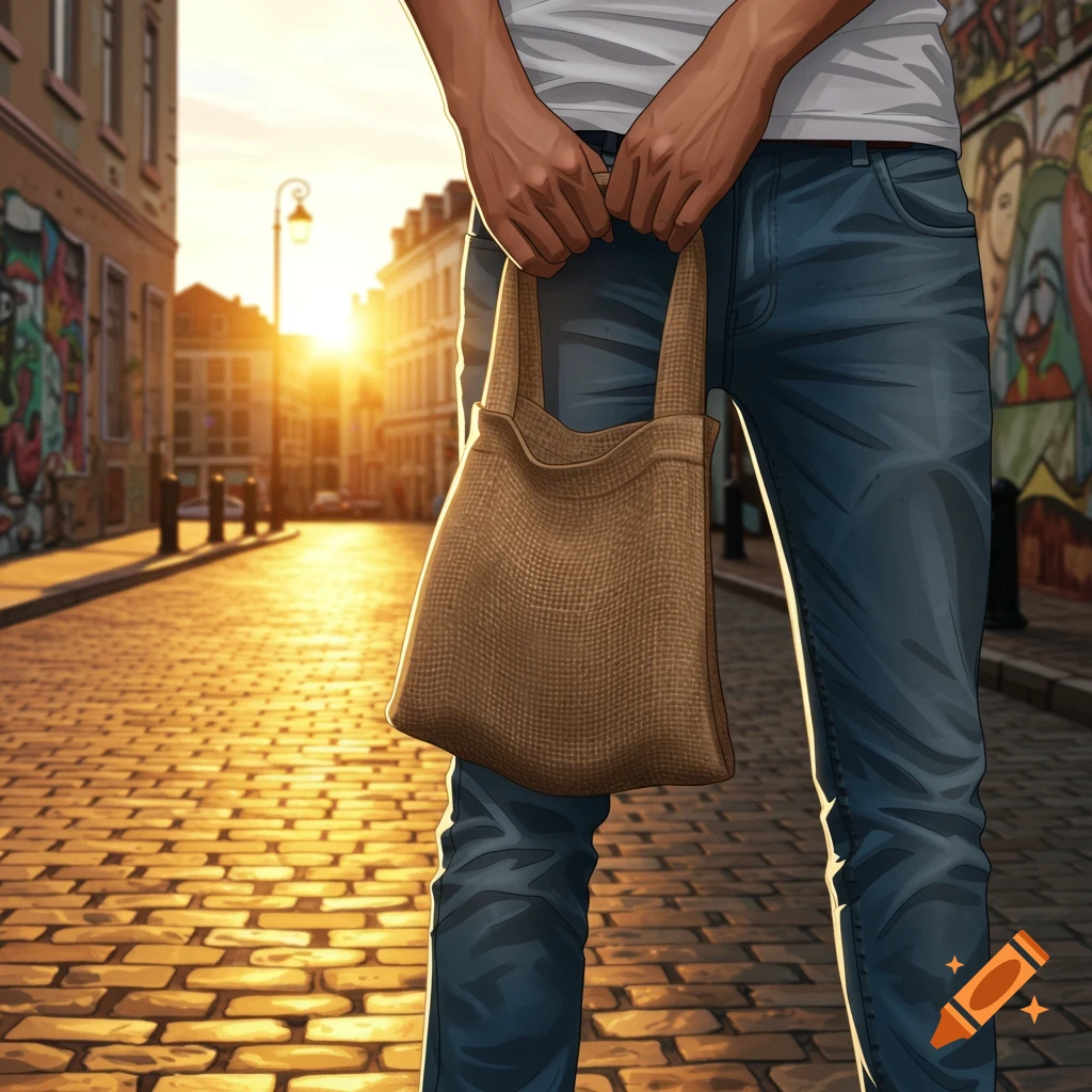 Illustrative close-up of a person in jeans holding a brown cloth bag on a sunlit cobblestone street with urban buildings.