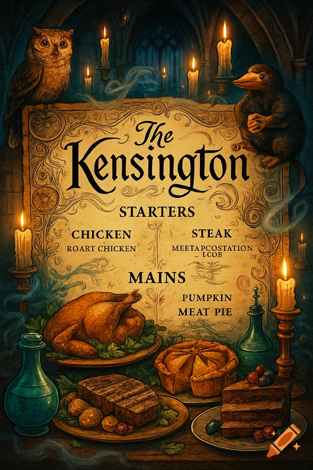A magical, dimly lit fantasy menu featuring "The Kensington" with roasted chicken, steak, pie, and cake, surrounded by candles, an owl, and a raven.
