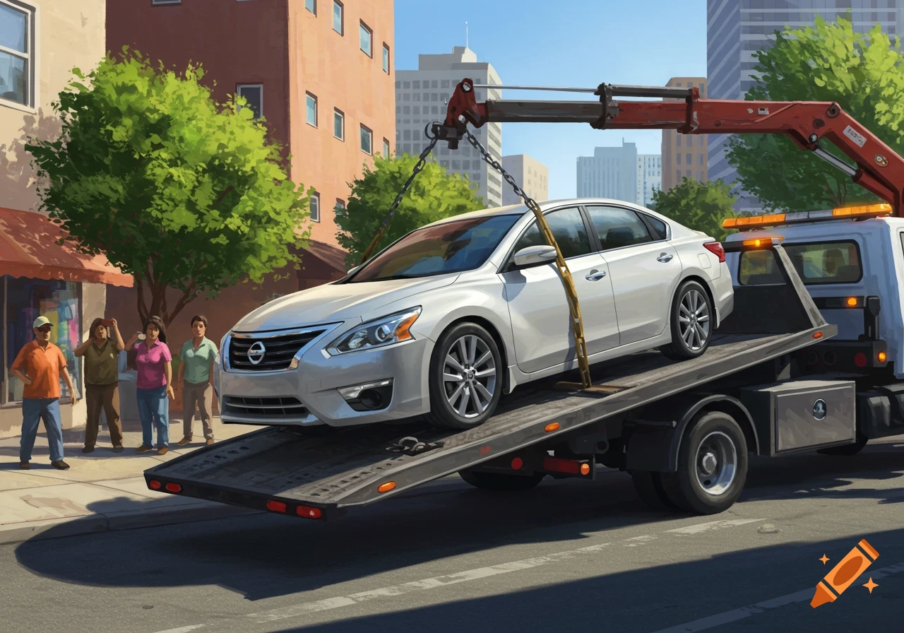 A white Nissan Altima sedan is lifted onto a tow truck on a sunny city street, with people watching from the sidewalk in a digital painting style.