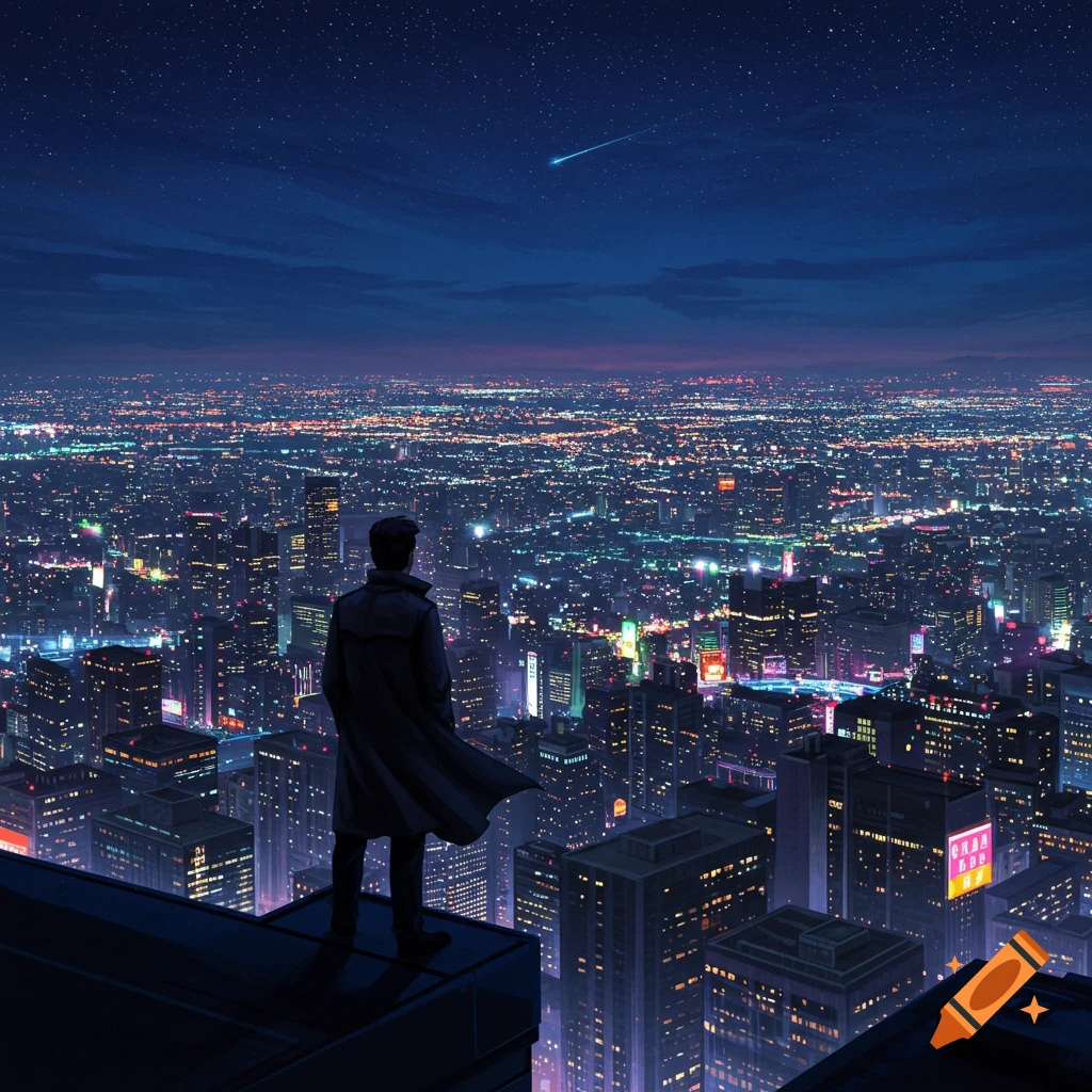 A man in a trench coat stands on a skyscraper rooftop, gazing at a sprawling city illuminated at night under a starry sky with a shooting star.