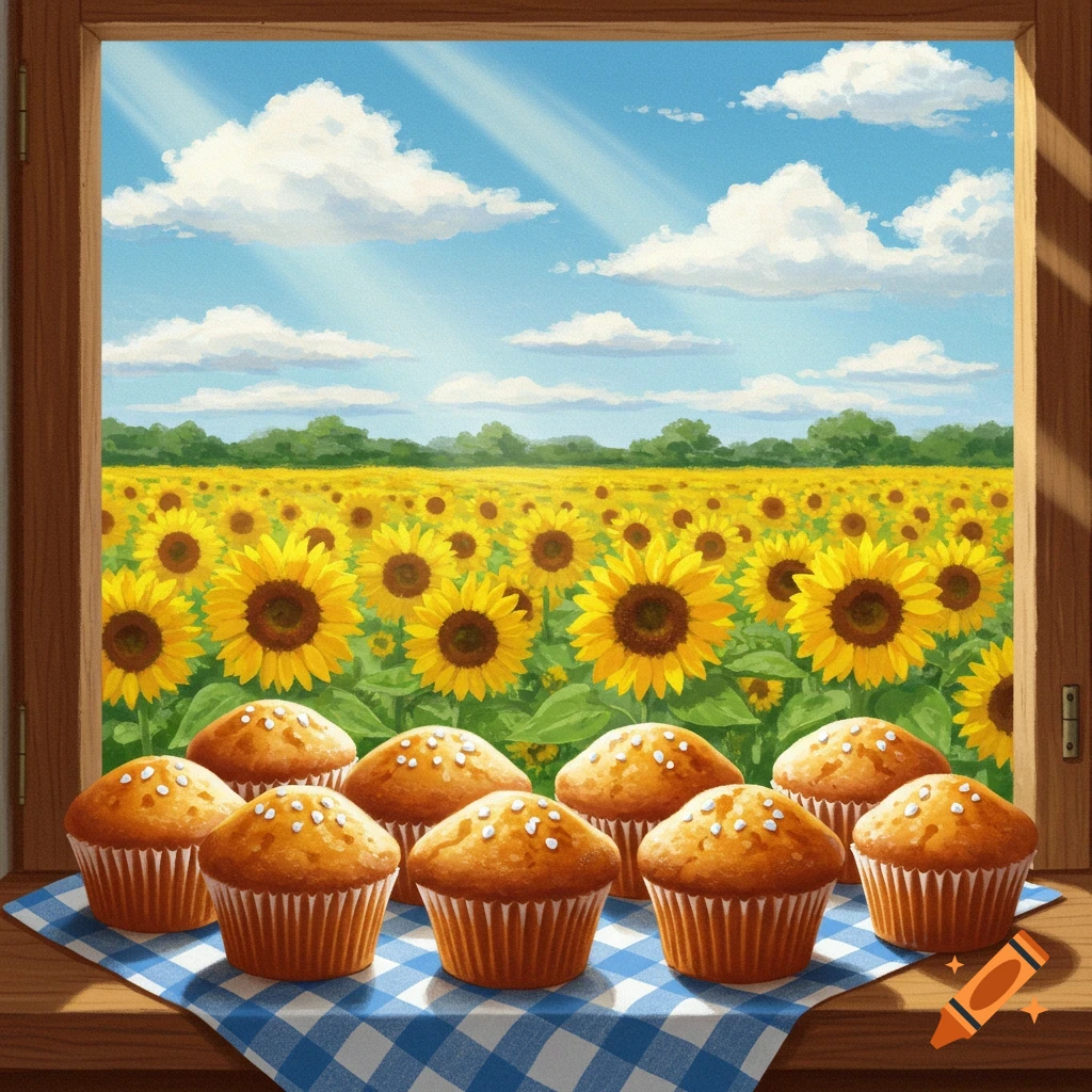 Muffins on a window sill with a blue checkered cloth, overlooking a vibrant sunflower field under a sunny blue sky, in an illustration style.
