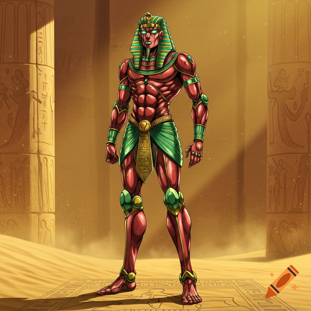 A muscular red and green humanoid figure wearing a pharaoh's headpiece and skirt stands in desert ruins.