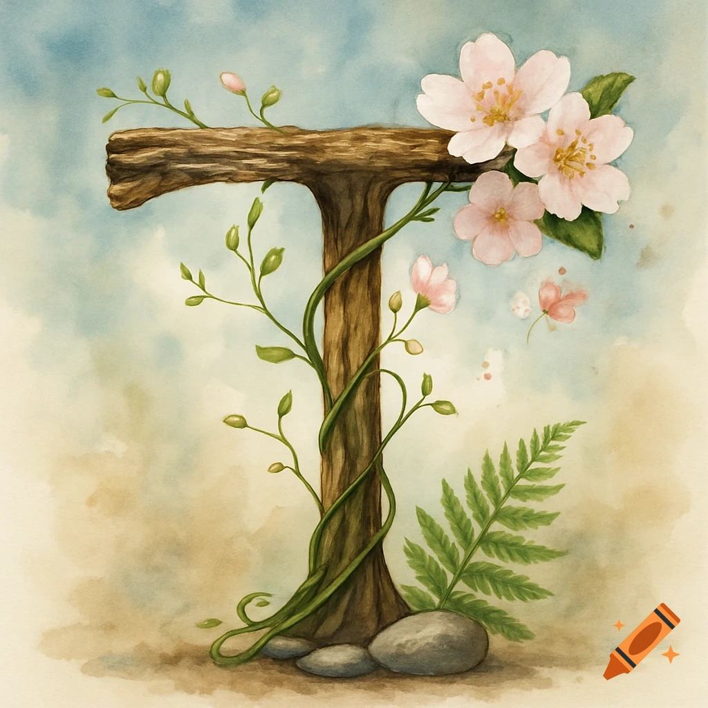 A watercolor illustration of the letter T formed from wood with pink flowers and green vines growing on it.