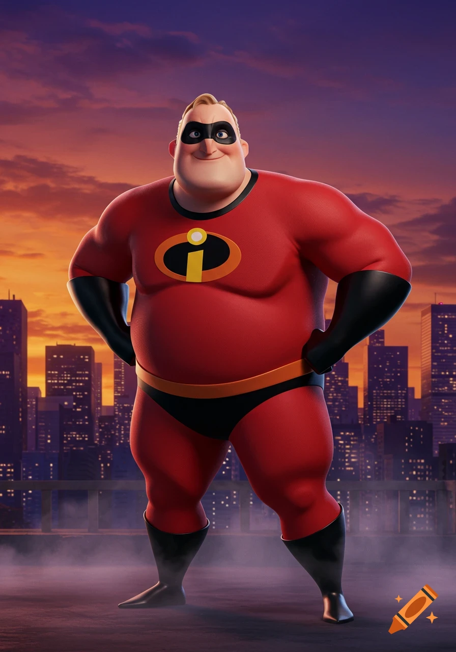 Mr. Incredible in his red superhero suit stands on a rooftop with a city skyline at sunset.
