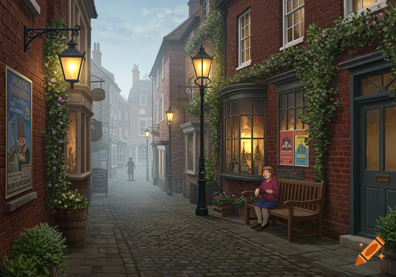 A narrow cobblestone street lined with brick buildings covered in vines, illuminated by gas lamps, with a person sitting on a bench in a quaint, illustrative style.