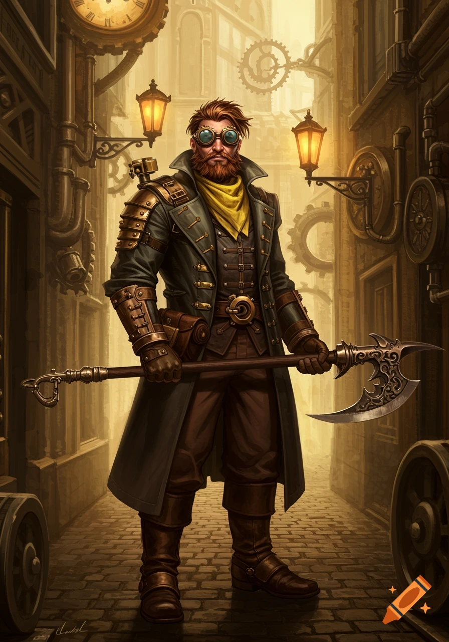 A bearded steampunk man with goggles and a yellow bandana, dressed in a trench coat, stands in a golden-lit alleyway holding a glaive.