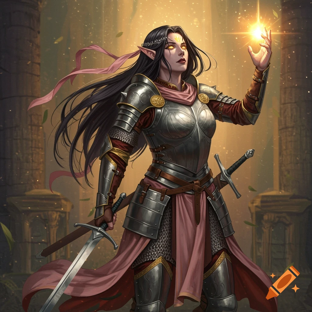 A female warrior with long black hair, elven ears, and glowing golden eyes wears ornate plate armor and holds a sword while conjuring light in an ancient ruin.