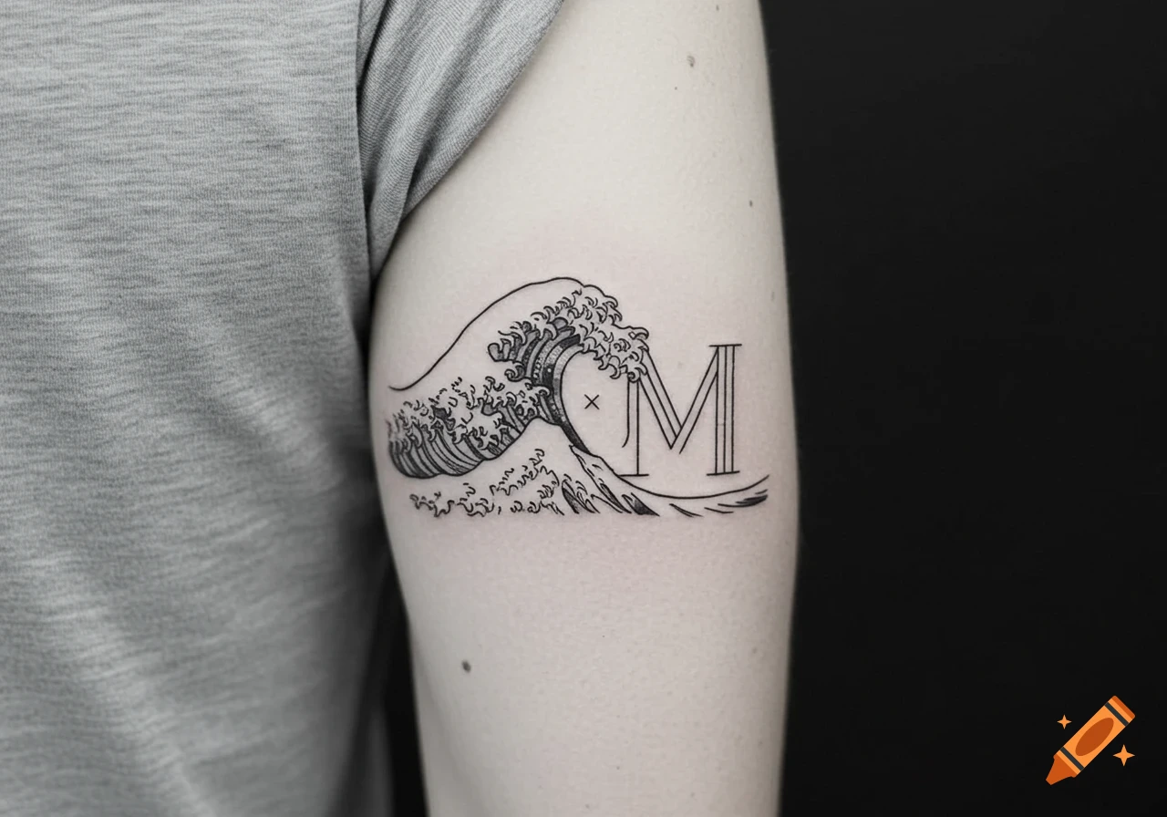 Minimalist black line art tattoo of a large wave with the letter M integrated into its form, on a person's upper arm.