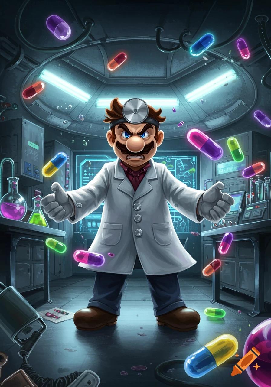 Angry Dr. Mario in a lab coat and head mirror, standing in a futuristic lab with colorful pills floating around him.