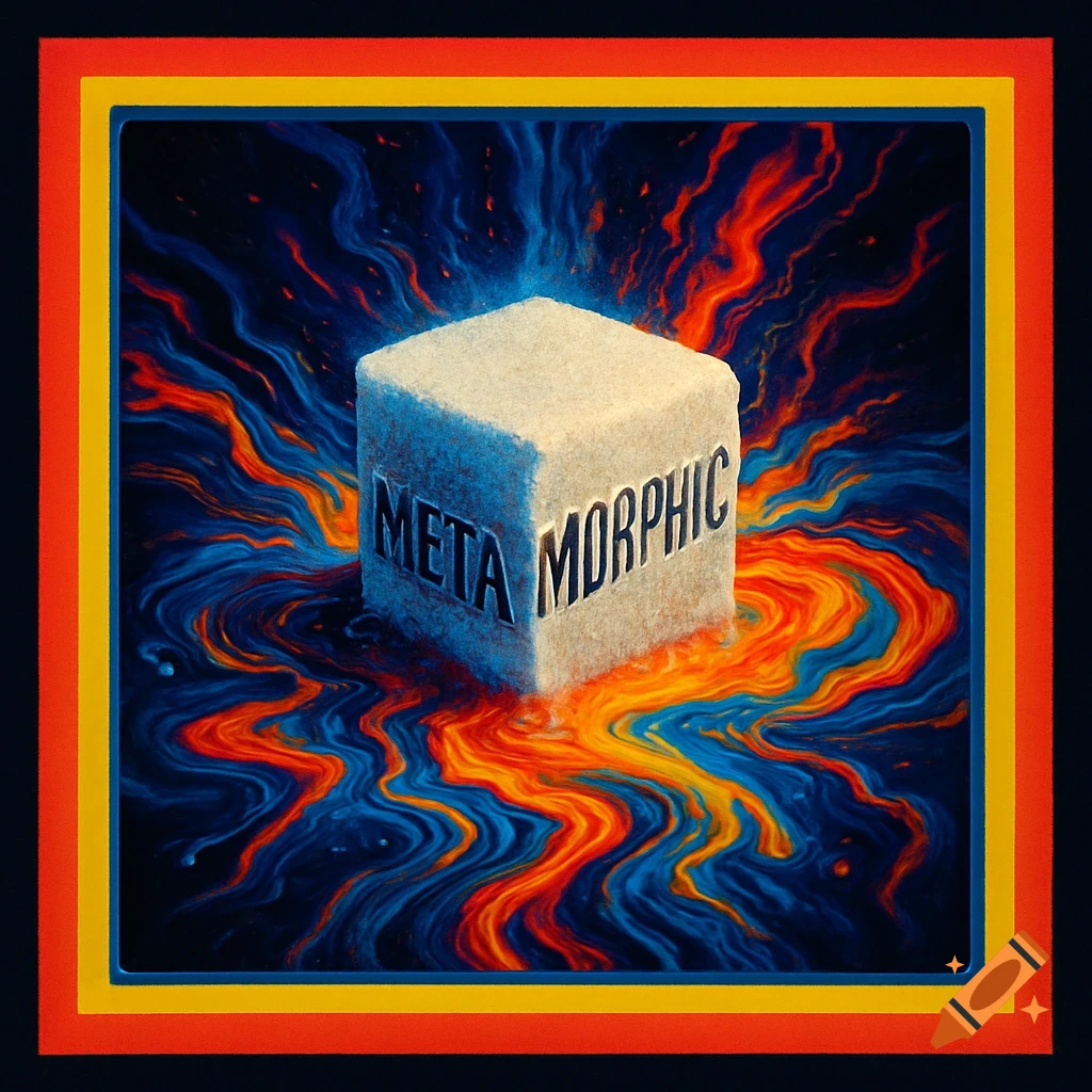 A beige cube, with "META MORPHIC" carved into its side, sits amidst swirling blue and orange liquid patterns, all framed by thick red, yellow, and blue borders.