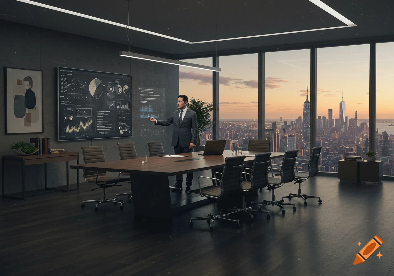 A man in a suit presents data on a large screen in a modern office boardroom overlooking a city skyline at sunset.