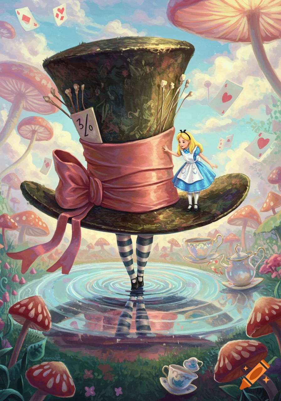 Alice stands on the brim of the Mad Hatter's oversized hat in a vibrant, whimsical Wonderland mushroom landscape, with playing cards floating in the sky.