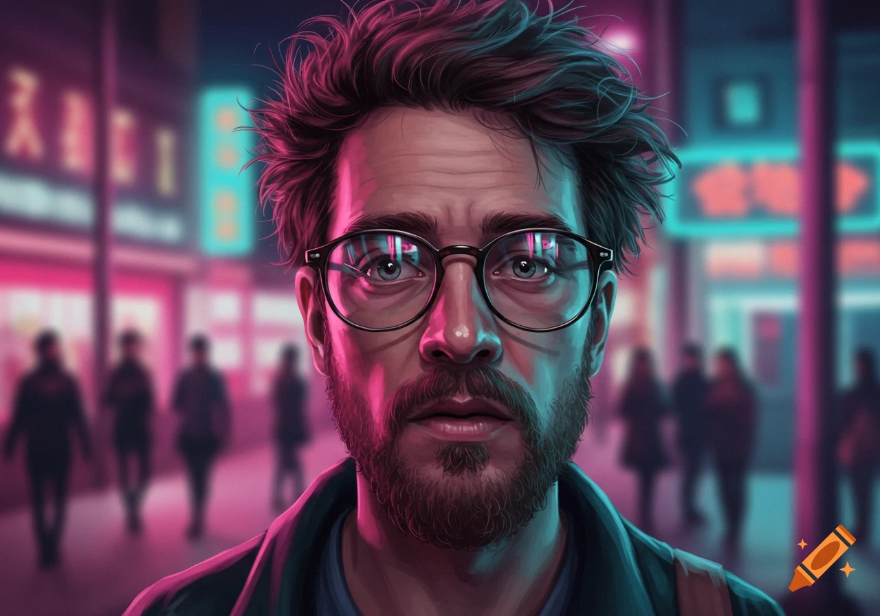 Close-up portrait of a man with glasses and a beard in a neon cyberpunk city street at night.