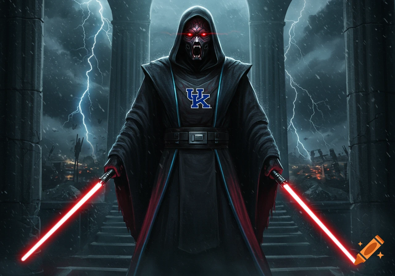 A menacing Sith-like figure with red eyes, fangs, black robes, and a blue 'UK' logo, holding two red lightsabers.