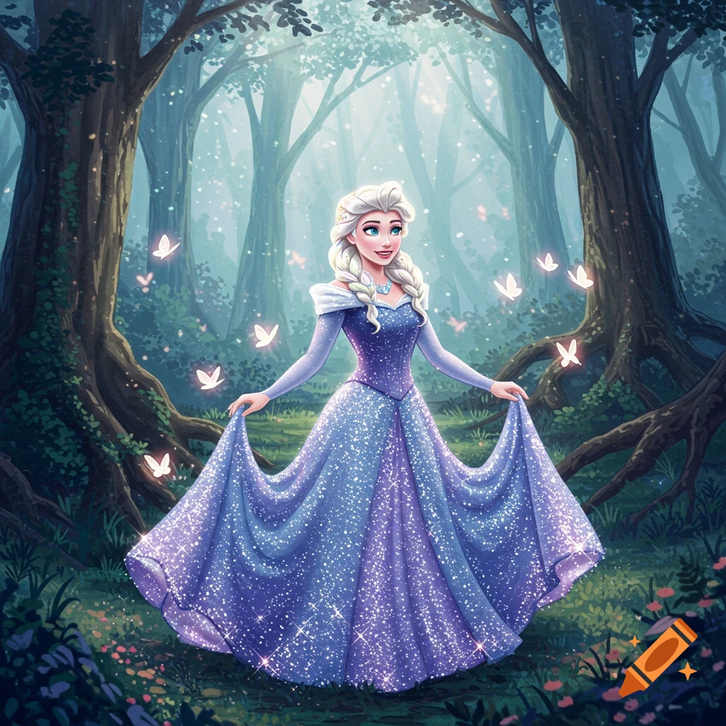 A blonde princess in a sparkling blue gown stands in an enchanted forest with glowing butterflies.