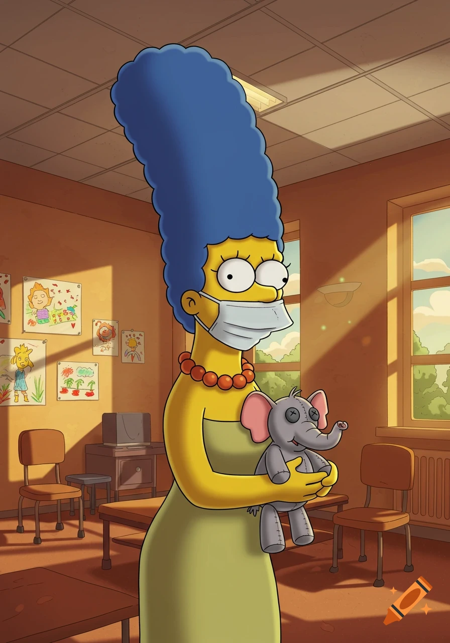 Marge Simpson in a green dress and mask holds a stuffed elephant in a sunny cartoon classroom.
