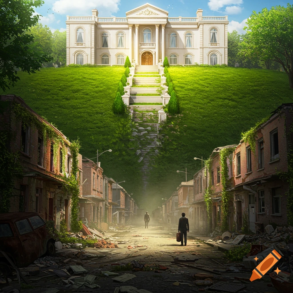 A grand mansion on a lush green hill with a long staircase contrasts with a ruined, debris-filled street below where two figures walk.