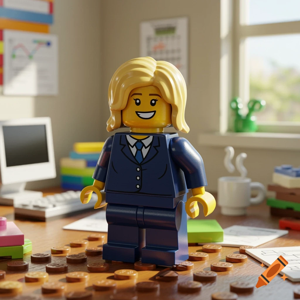 A smiling blonde Lego minifigure in a blue suit stands on a wooden desk with office supplies.