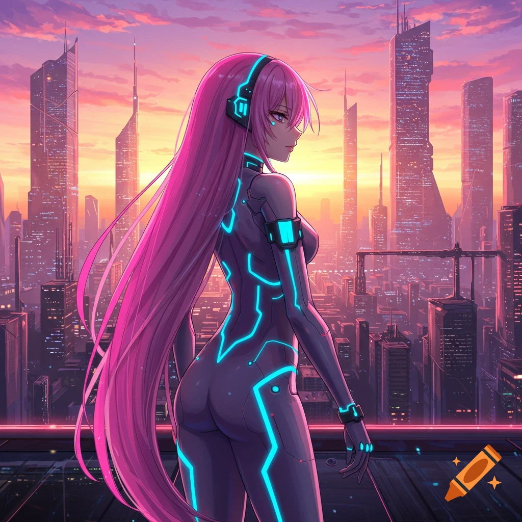 Anime girl with long pink hair and glowing blue plug suit overlooks a futuristic city at sunset.