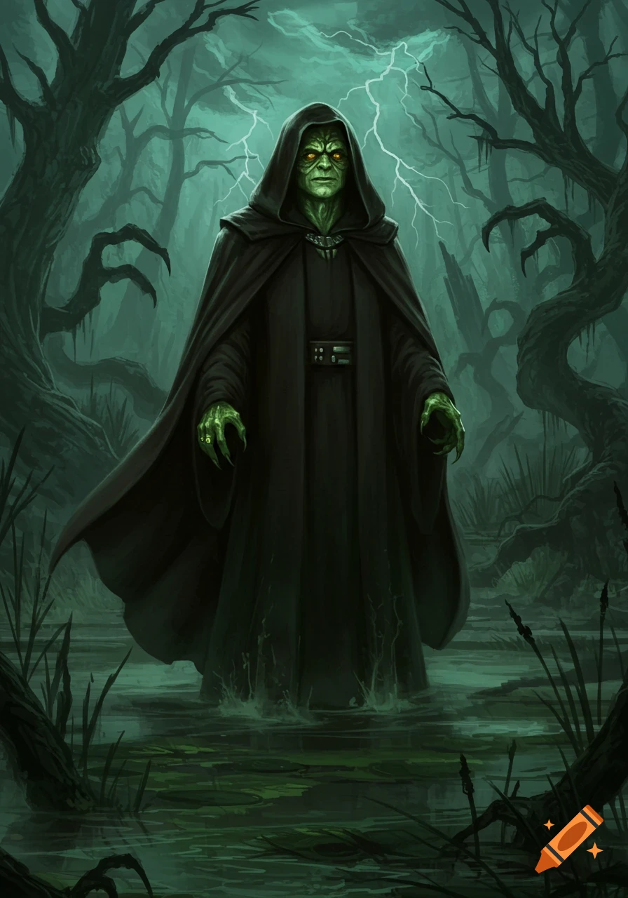 A green-skinned, robed figure resembling Emperor Palpatine stands in a dark, misty swamp with lightning overhead.