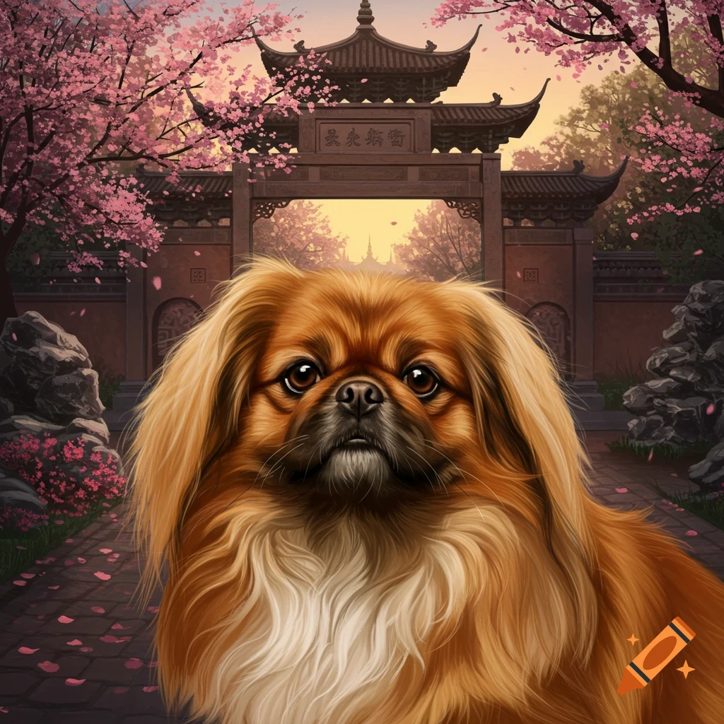 A fluffy brown Pekingese dog sits in front of a traditional Asian gate with pink cherry blossoms in a scenic, illustrative style.