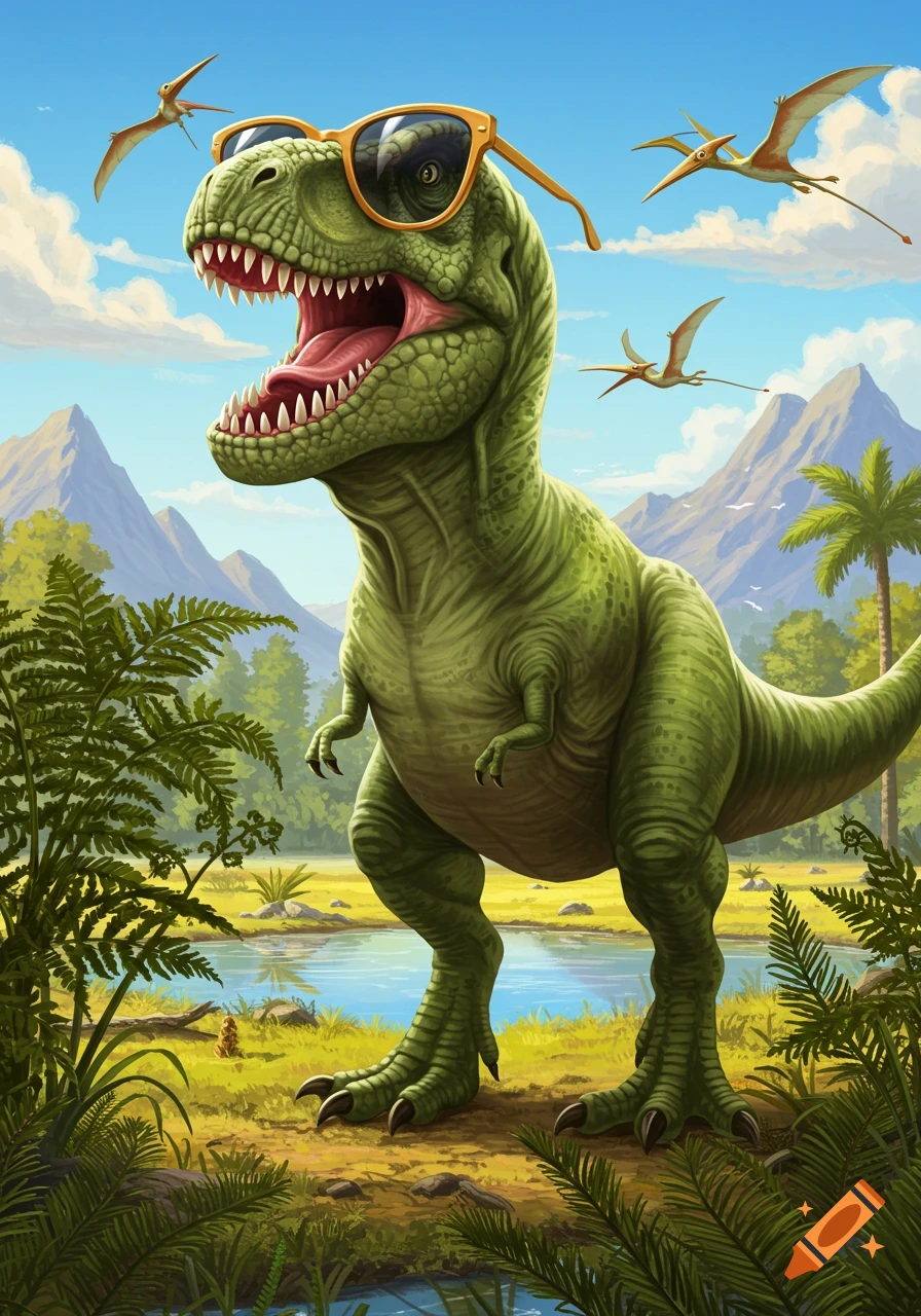 A cartoon Tyrannosaurus Rex wearing sunglasses stands in a prehistoric landscape with pterodactyls flying overhead.