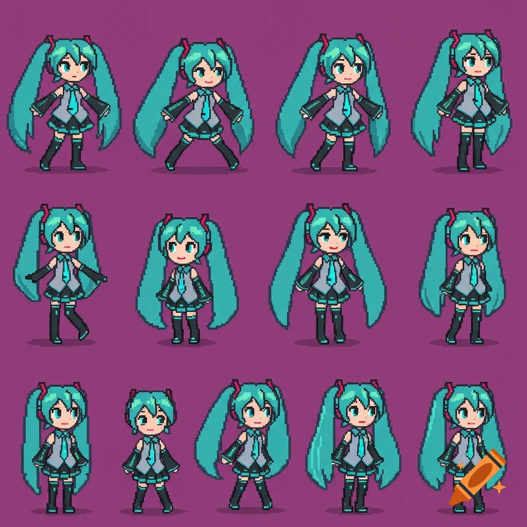 A grid of twelve pixel art sprites of Hatsune Miku in various poses on a purple background.