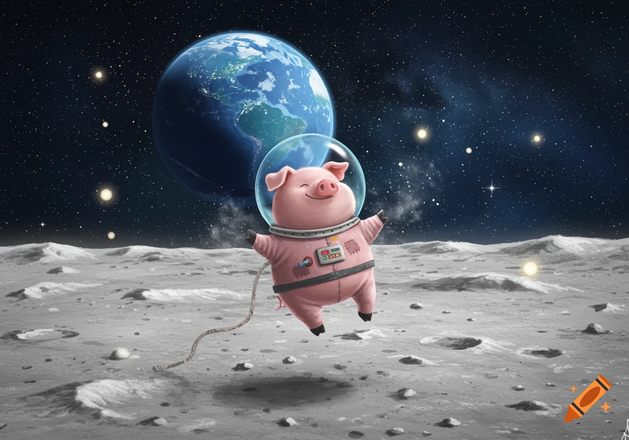 A happy cartoon pig in a pink astronaut suit floats above the moon's surface with Earth visible in the background.
