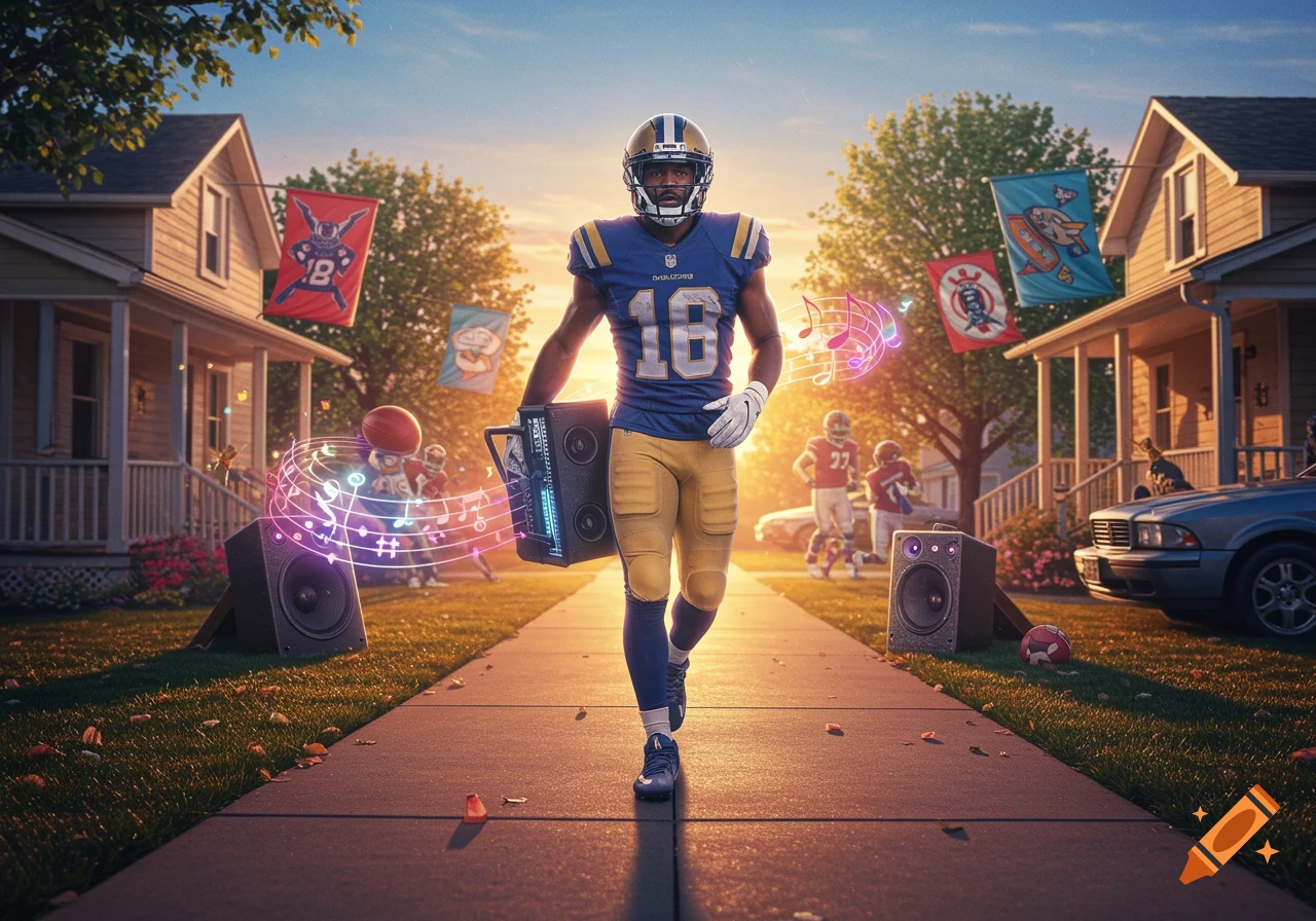 A football player in a blue and gold uniform with number 18 walks down a suburban sidewalk carrying a large boombox, with floating musical notes. Other players and houses are in the background at sunset.