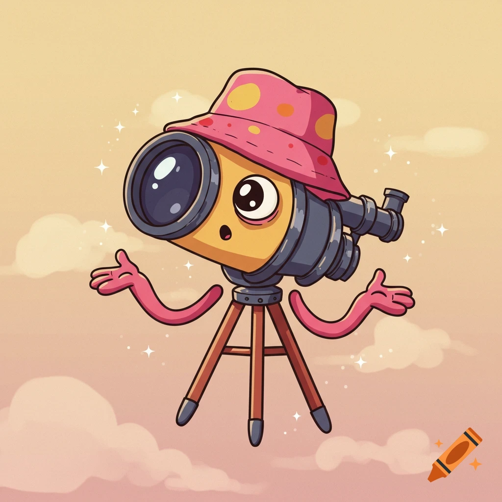 A whimsical cartoon telescope character wearing a pink polka dot bucket hat, with googly eyes in its lens and pink arms, stands on a tripod.