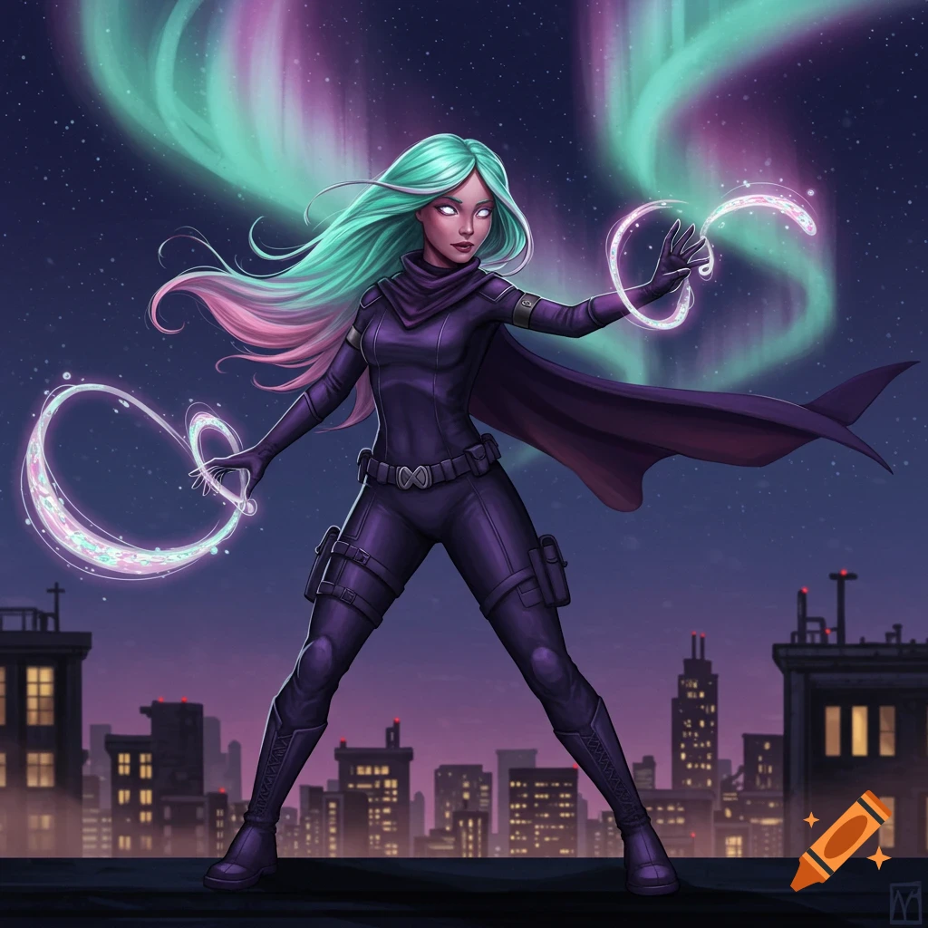 An illustrated female vigilante in a purple suit with mint and pink hair, holding glowing magical rings on a city rooftop at night with an aurora.