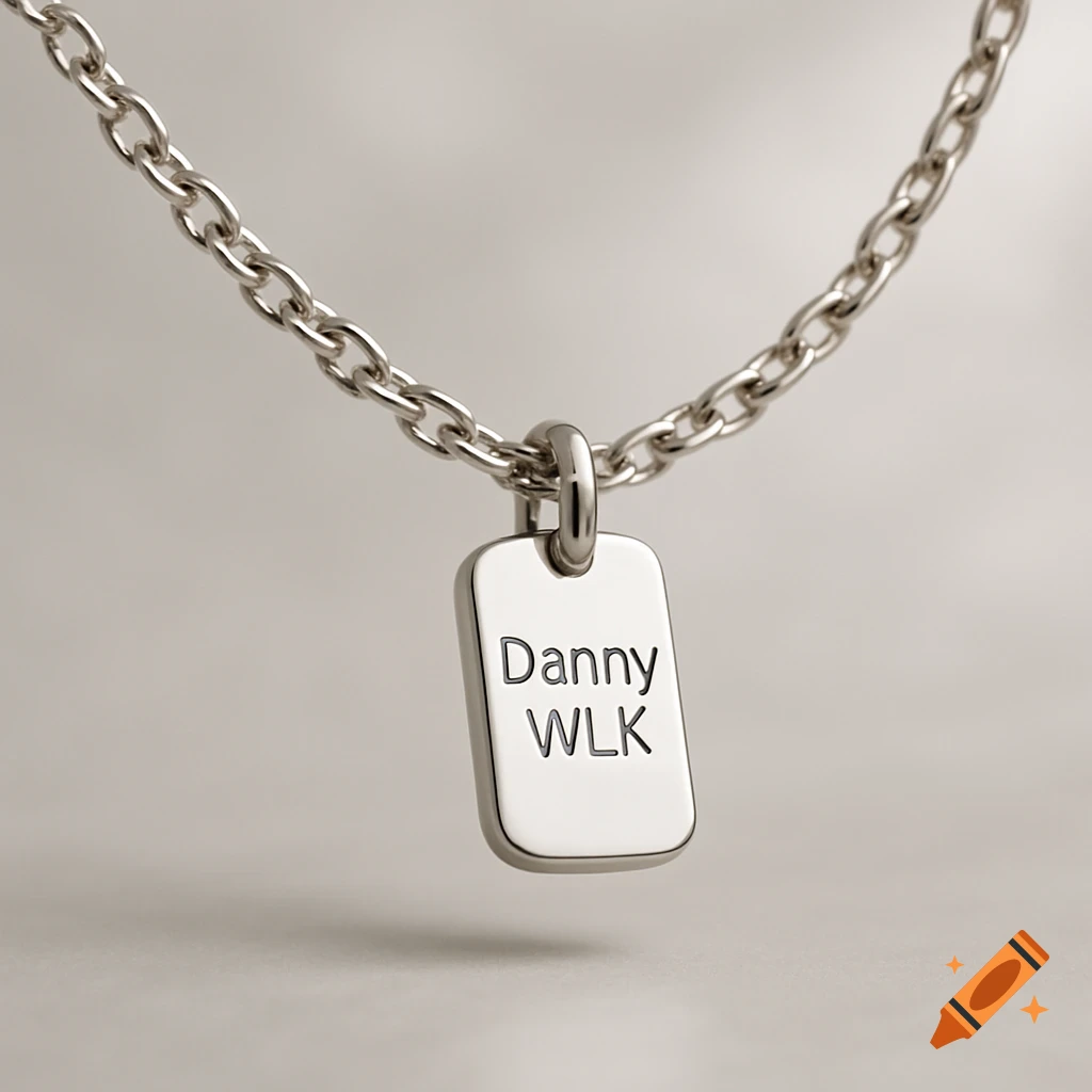 A minimalist silver chain necklace with a rectangular pendant engraved with 'Danny WLK' against a light background.