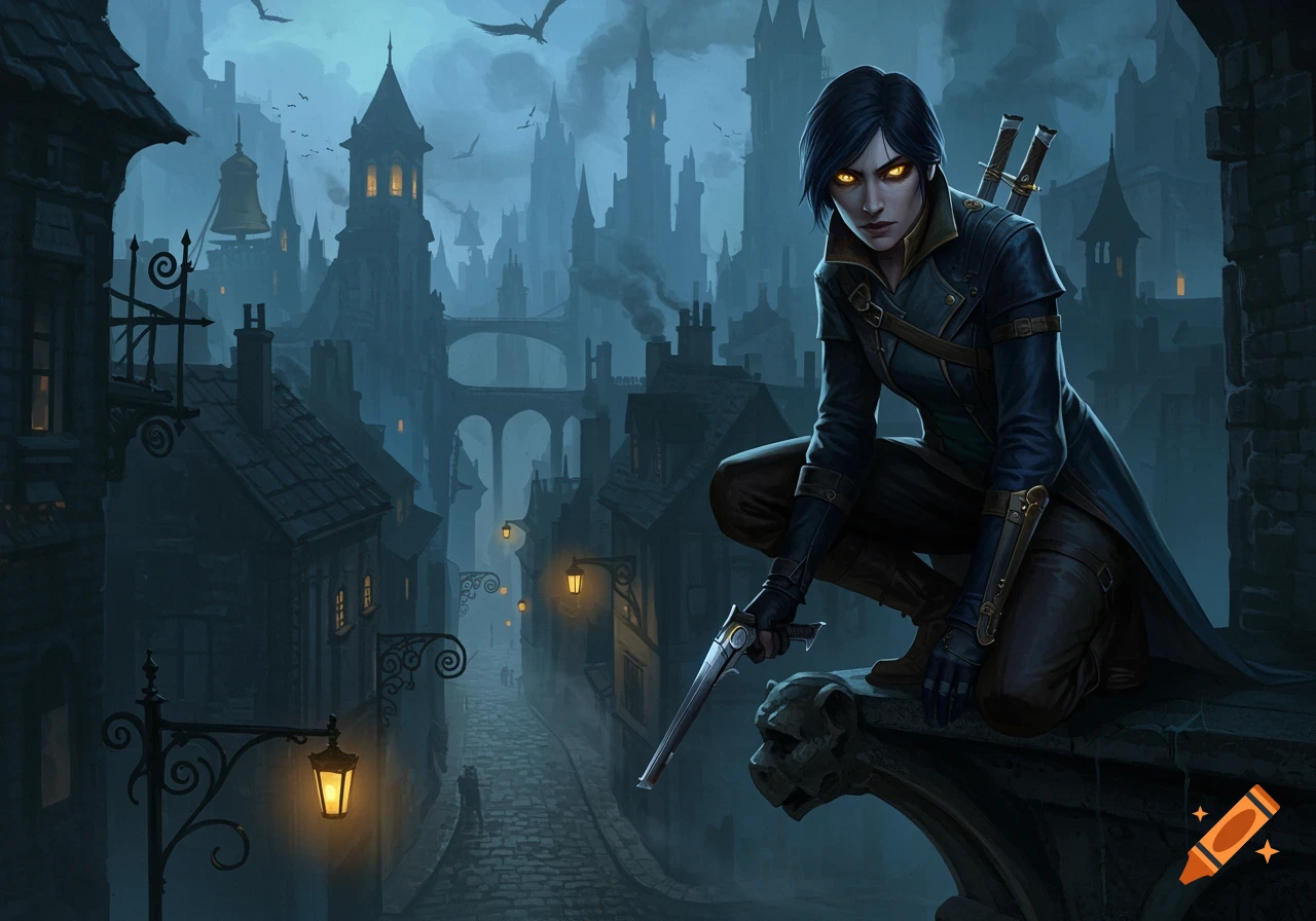 A female character with glowing yellow eyes crouches on a gargoyle overlooking a dark, misty gothic city at night.