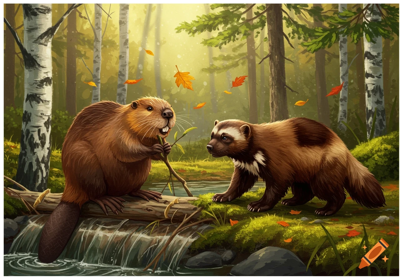 An illustration of a beaver chewing a stick on a log over a stream, while a wolverine stands nearby in an autumn forest.