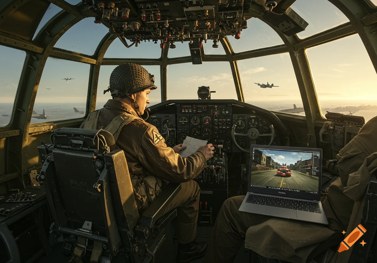 A WWII soldier in a bomber cockpit reads a document, while another soldier next to him plays a car racing game on a laptop.