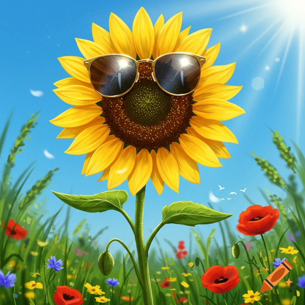 A vibrant illustration of a sunflower wearing sunglasses, standing tall in a field of colorful wildflowers under a bright blue sky.