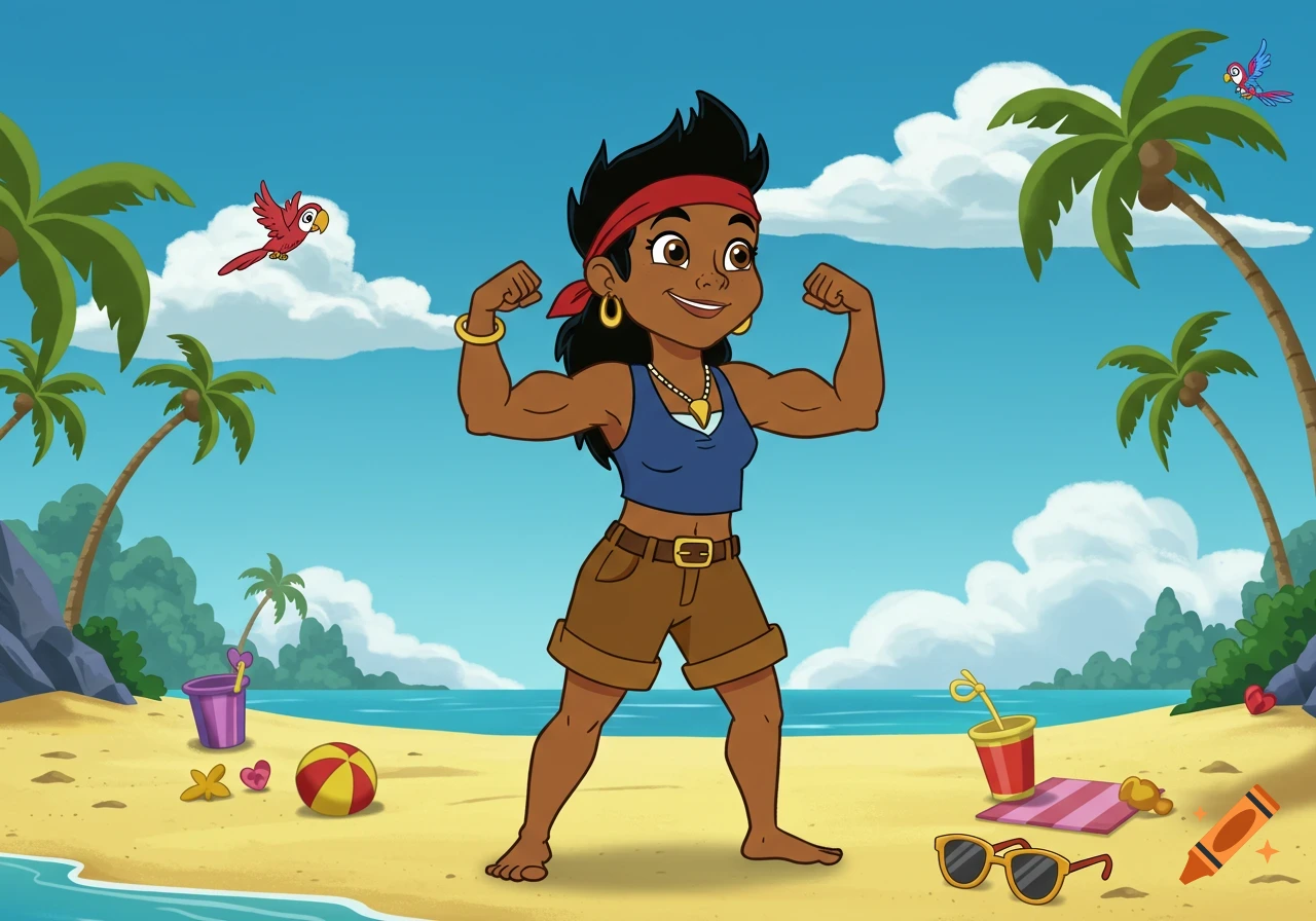 A strong cartoon woman with dark skin and a red bandana flexes her biceps on a sandy beach with palm trees and a blue sky.